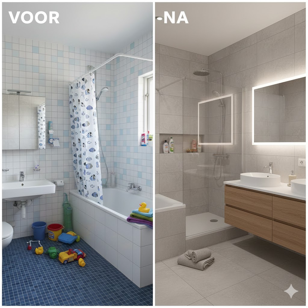 De Voor- en Na: Renovatie van een familiebadkamer naar een functionele en veilige ruimte– Ruimte voor iedereen, van dreumes tot tiener Gecombineerde foto: links een gedateerde, drukke badkamer (Vóór) en rechts een moderne, opgeruimde familiebadkamer (Ná) met dubbele wastafel, bad en inloopdouche.