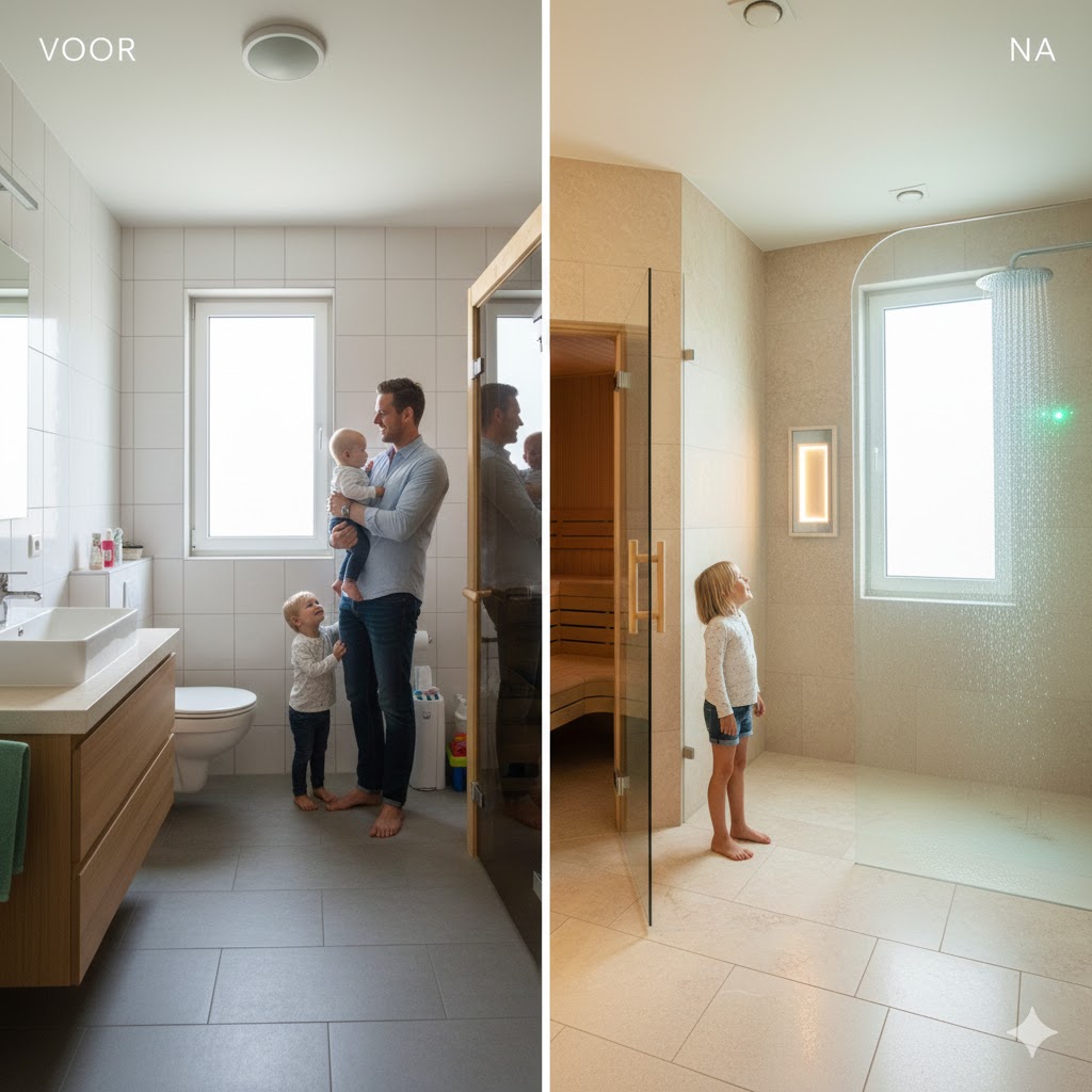 voor-na Oude badkamer in Zwaag vóór renovatie door MIJS met standaard witte tegels, een simpele douchecabine, toilet en een raam.