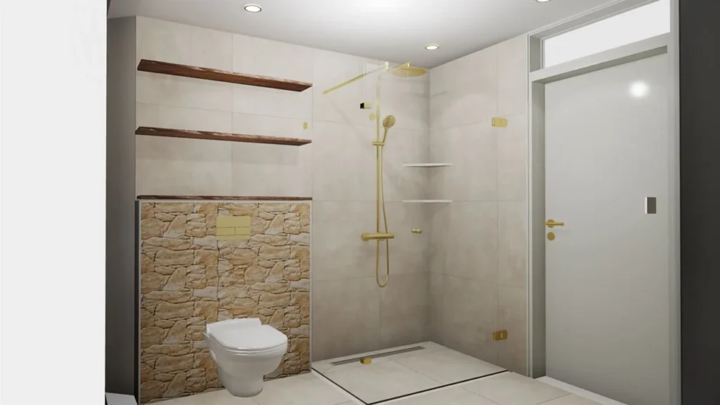 3d ontwerp badkamer met inloopdouche, stenen wand en gouden kranen (Badkamer renovatie met 3D-ontwerp) (badkamerrenovatie met 3d-ontwerp)