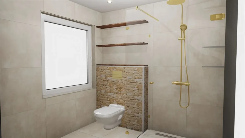 3d ontwerp badkamer met stenen wand achter het toilet (Badkamer renovatie met 3D-ontwerp)
