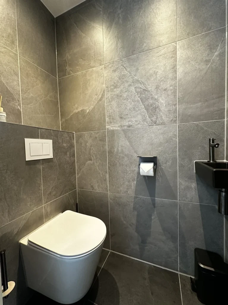 Hangend toilet en fonteintje in leisteenlook tegels (Badkamer met leisteenlook tegels)