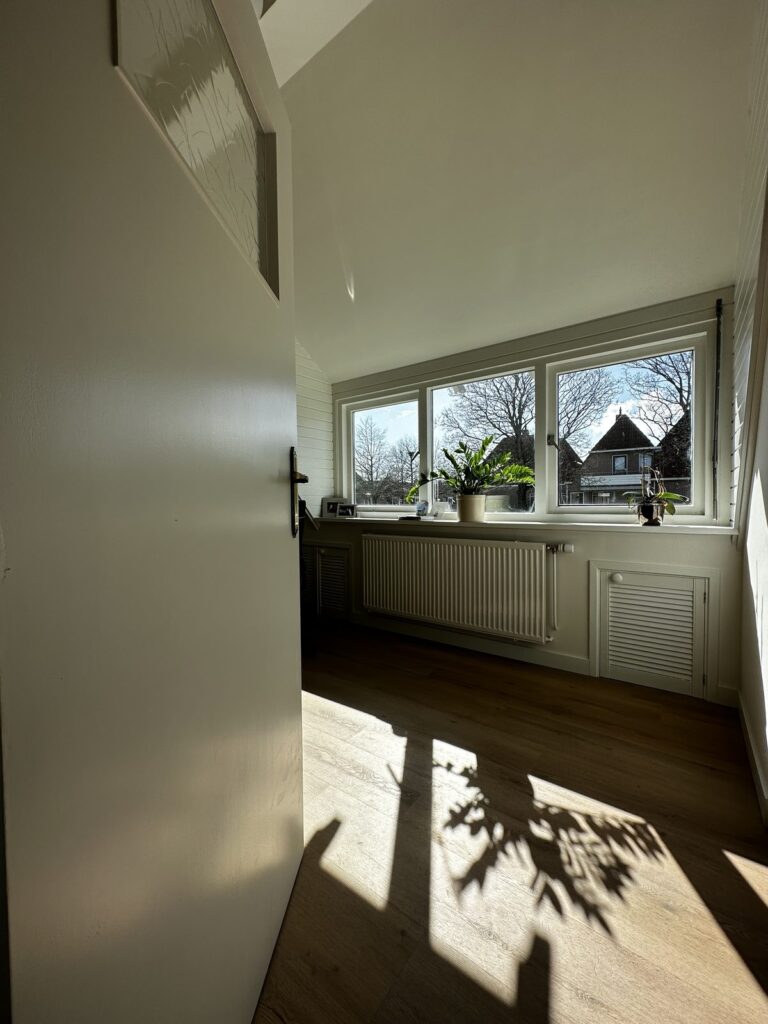 Houtlook vloer in een zonnige kamer met grote ramen