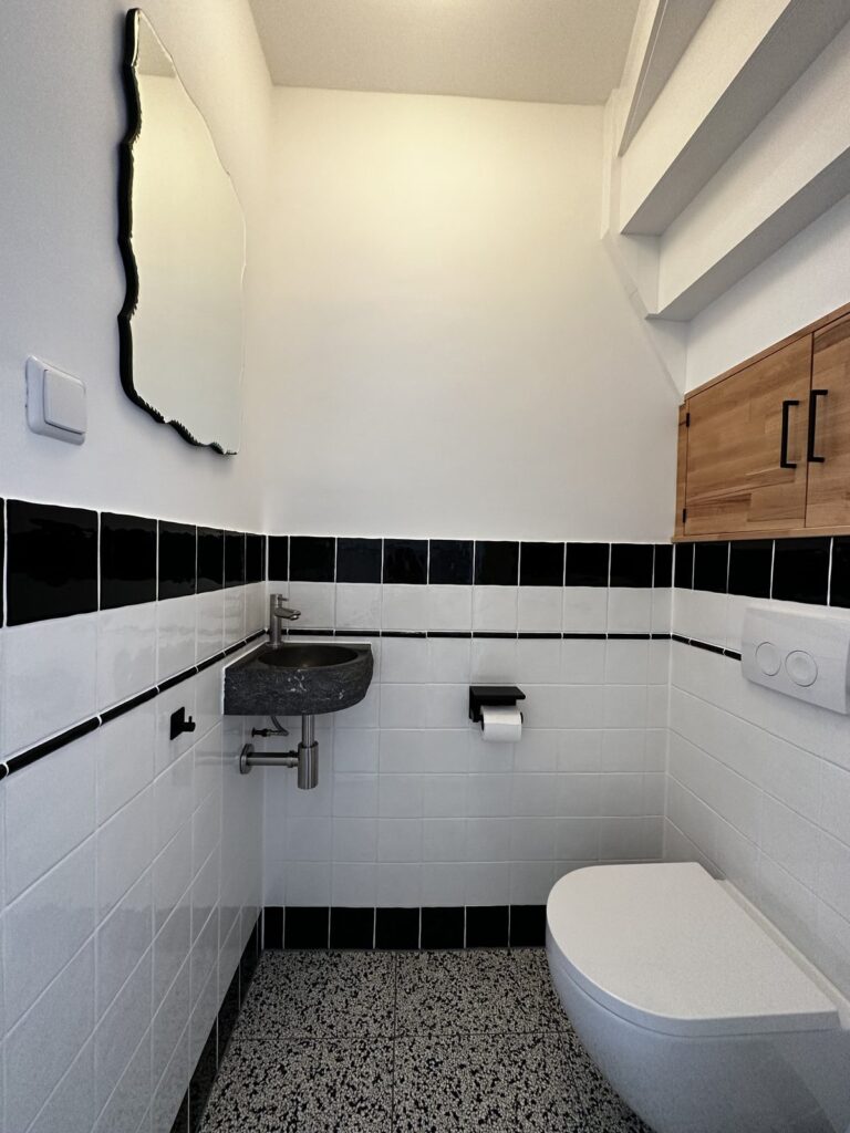 Toilet met kleine fontein, spiegel en kastje onder de trap